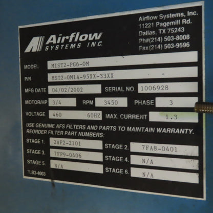 Airflow Systems MIST2-PG-0M Oil Mist Pac Filter Unit 3/4Hp 3Ph 208-220/480V