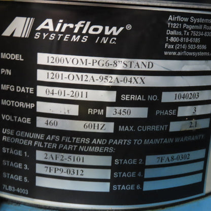 Airflow 1200 VOM-PG6-8" 1200 CFM Cabinet Mist Collector 1.5Hp 208-230/460V 3Ph