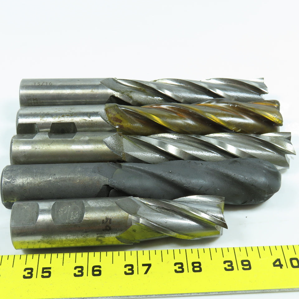 Misc. HSS Square End Mill 4 Flute 1" Dia Shank Various Dia. Lot of 5