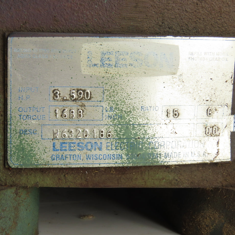 Leeson W6320186 Iron Man 15:1 Ratio Gear Box W/Thru Shaft 3.590HP 1688 LB Torque
