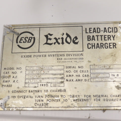 Exide NPC 24-3-550L 149 154 321 PVT Transformer 240/480V 48VDC Battery Charger