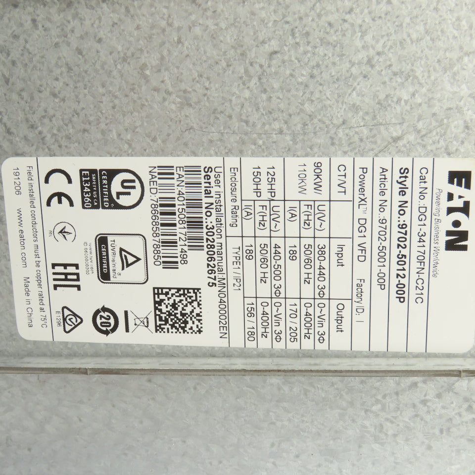 Eaton DG1-34170FN-C21C 125/150 HP Variable Frequency Drive 460V 170A 0-400HZ