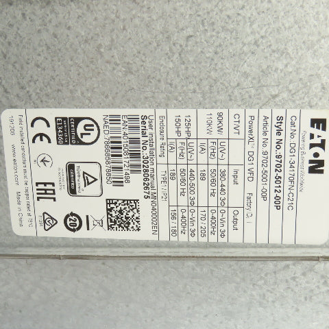 Eaton DG1-34170FN-C21C 125/150 HP Variable Frequency Drive 460V 170A 0-400HZ