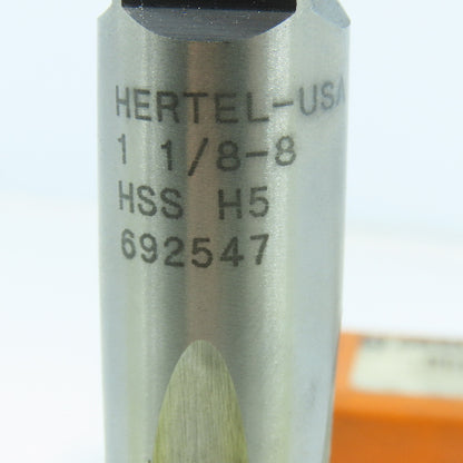 Hertel 1-1/8"- 8 HS Plug Tap Straight 4 Flute 2-1/2" Thread Length 5-3/8" OAL
