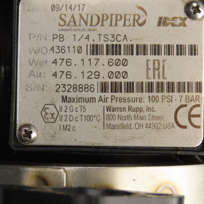 Sandpiper PB 1/4.TS3CA Double Diaphragm Pump 1/4" Ports 100PSI 5GPM Missing Part