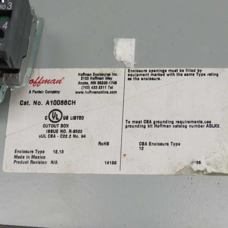 Hoffman A10086CH 10" x 8" x 6" Electrical Enclosure W/Backplate & Switch