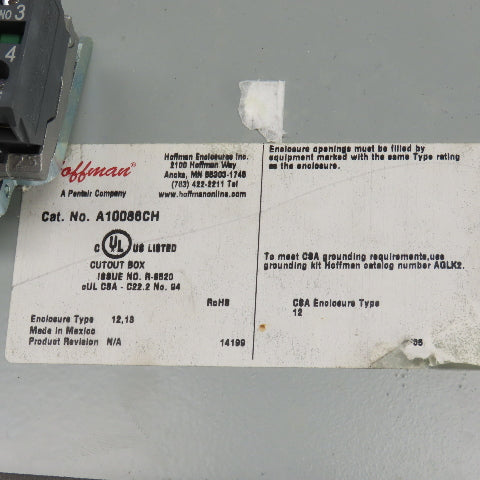 Hoffman A10086CH 10" x 8" x 6" Electrical Enclosure W/Backplate & Switch