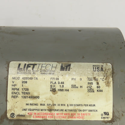 Lift Tech 428049-7A 1HP AC Electric Motor 1725RPM 208V 56 Frame Parts/Repair