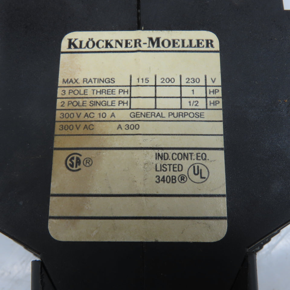 Klockner Moeller DIL 08-22/v-NA Control Relay 115/230V 50/60Hz 1Hp MAX 48V Coil