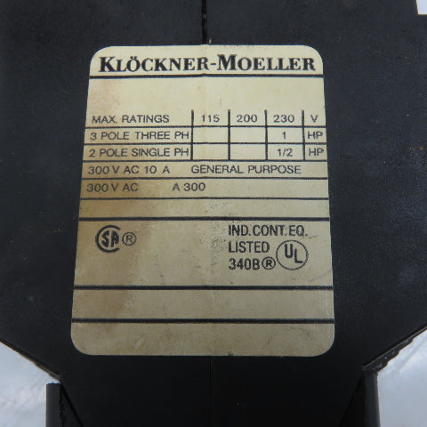 Klockner Moeller DIL 08-22/v-NA Control Relay 115/230V 50/60Hz 1Hp MAX 48V Coil
