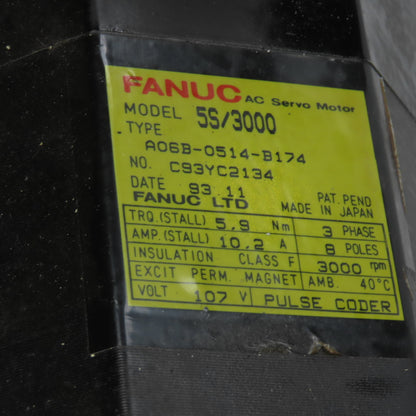 Fanuc A06B-0514-B174 Model 5S/3000 5.9Nm AC Servo Motor 3000RPM 107V 3PH 10.2A
