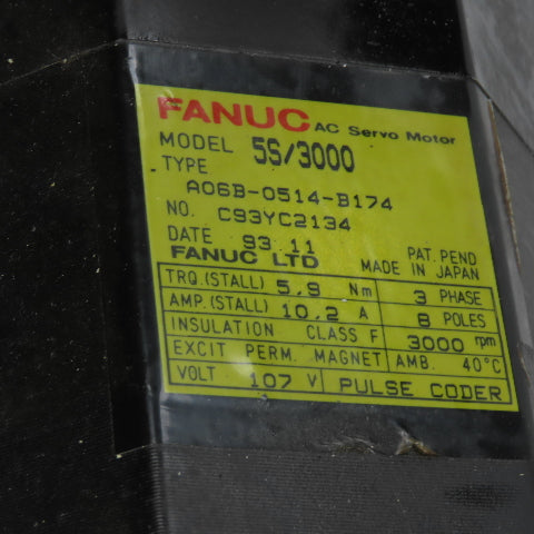Fanuc A06B-0514-B174 Model 5S/3000 5.9Nm AC Servo Motor 3000RPM 107V 3PH 10.2A