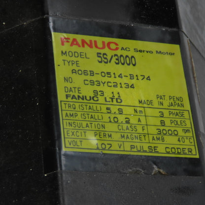 Fanuc A06B-0514-B174 Model 5S/3000 5.9Nm AC Servo Motor 3000RPM 107V 3PH 10.2A
