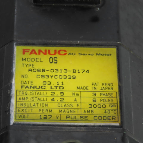 Fanuc A06B-0313-B174 Model 0S 2.9Nm AC Servo Motor 3000RPM 127V 3PH 4.2A