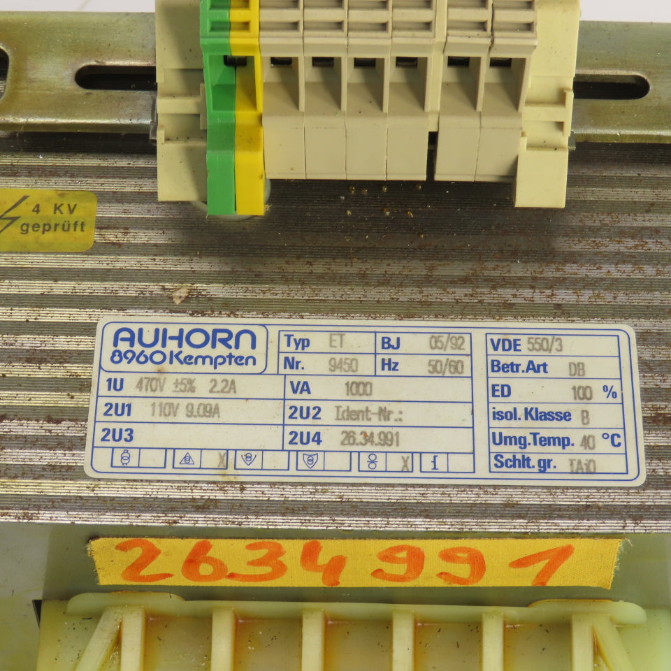 Auhorn 9450 ET 1000VA Machine Transformer Pri 470 +5% 2.2A Sec 110V 9A 50/60HZ