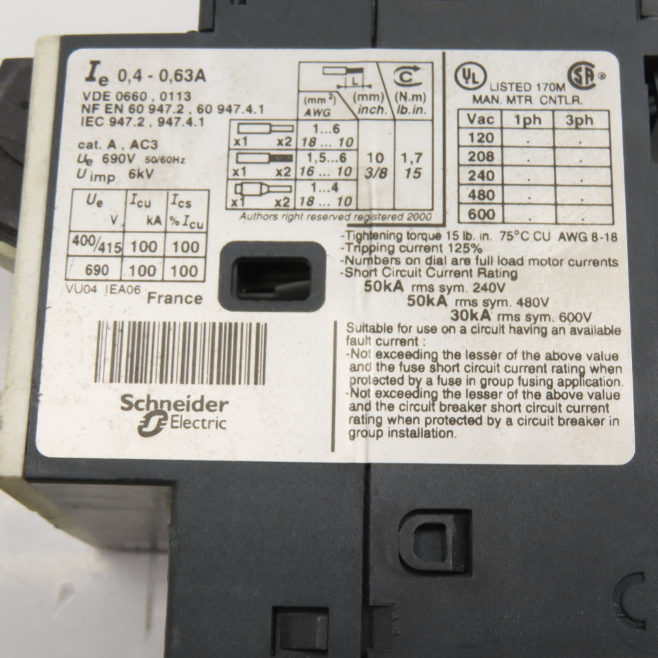 Telemecanique GV2ME04/0.4-0.63A Manual Motor Starter 0.4-0.63A Overload