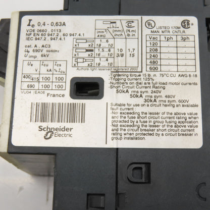 Telemecanique GV2ME04/0.4-0.63A Manual Motor Starter 0.4-0.63A Overload