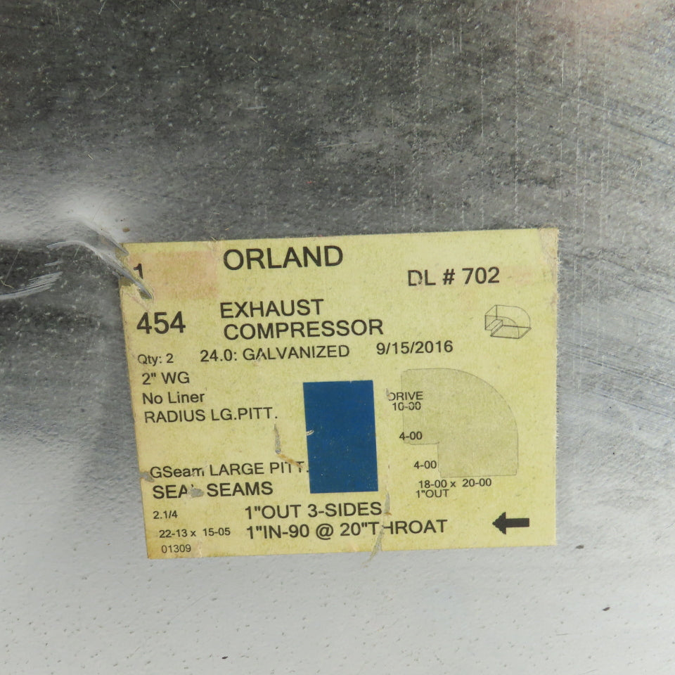 Orland DL #702 20" x 10" 24 Gauge Galvanized Air Duct 42" OAL W/90° Elbow 41"OAL