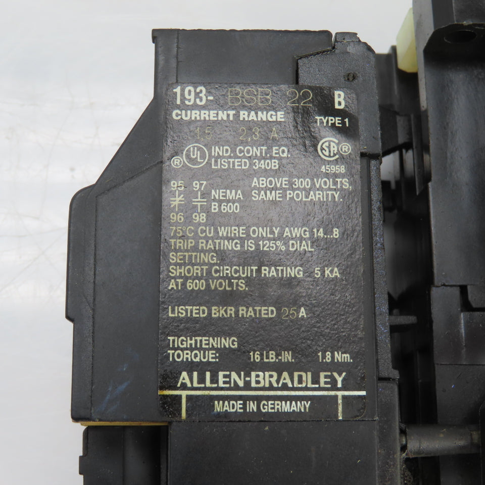 AB 100-A09ND3 6000V Contactor W/193-BSB22 Overload 1.5-2.3A Range Lot Of 2