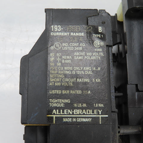 AB 100-A09ND3 6000V Contactor W/193-BSB22 Overload 1.5-2.3A Range Lot Of 2