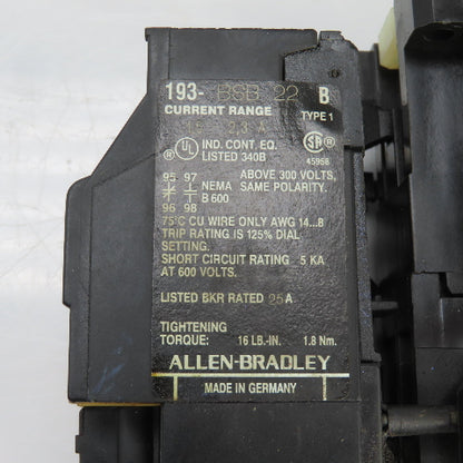 AB 100-A09ND3 6000V Contactor W/193-BSB22 Overload 1.5-2.3A Range Lot Of 2