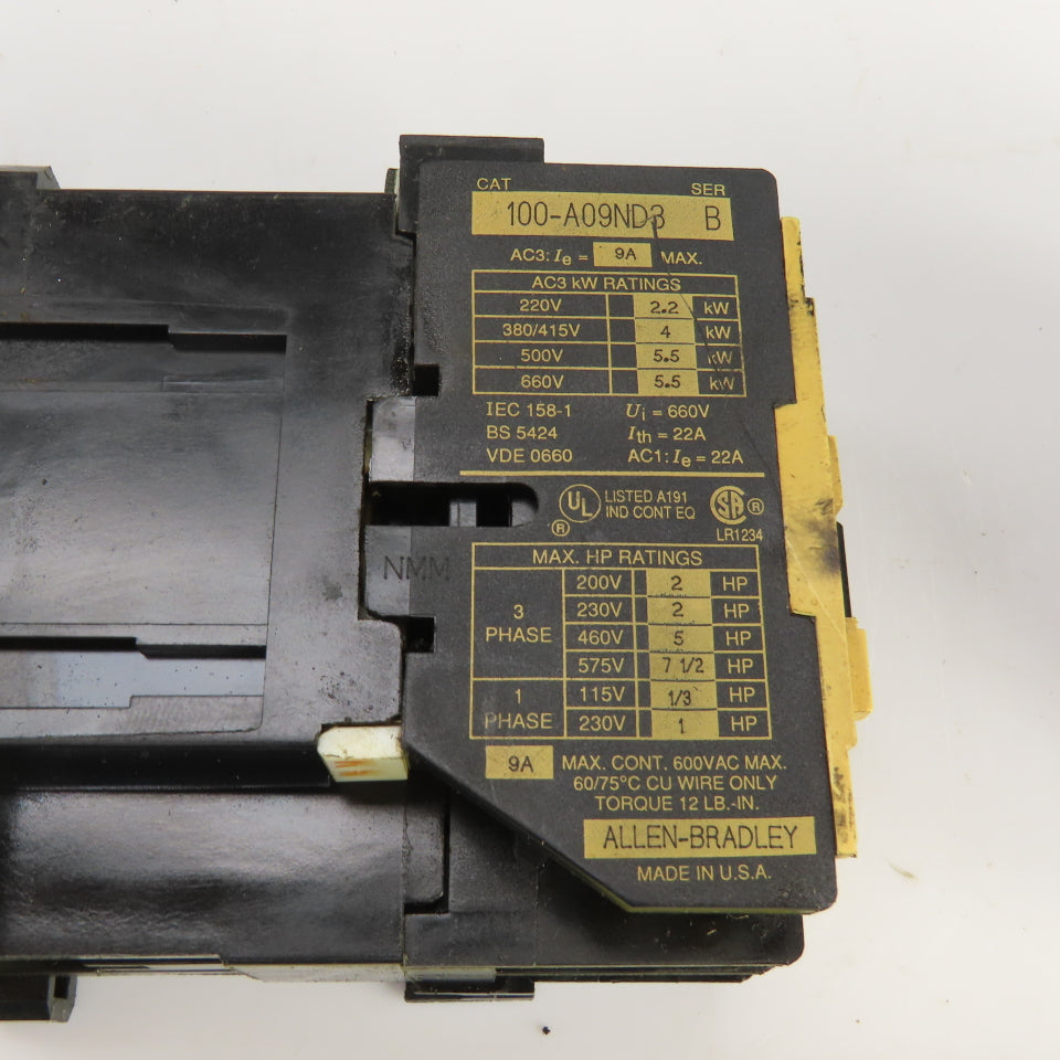 Allen Bradley 100-A09ND3 Ser B 600VAC 9A Contactor Lot Of 2