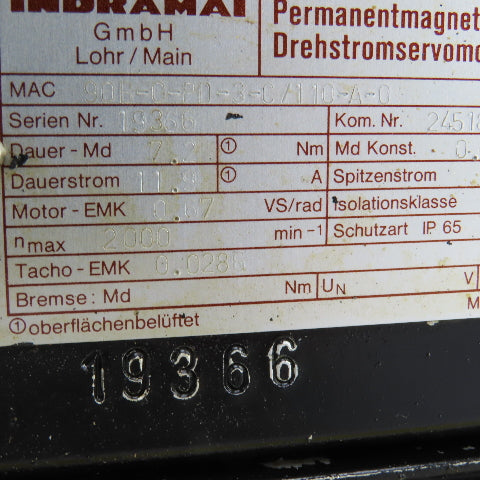 Indrmat 90B-0-PD-3-C/110-A-0 Servo Motor 2000RPM W/UVA 517591-08RES.250