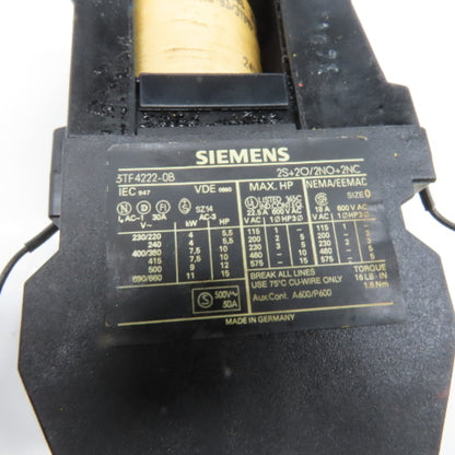 Siemens 3TF4222-0B Size 0 Contactor Starter Relay 600V 15Hp MAX 24VDC Coil
