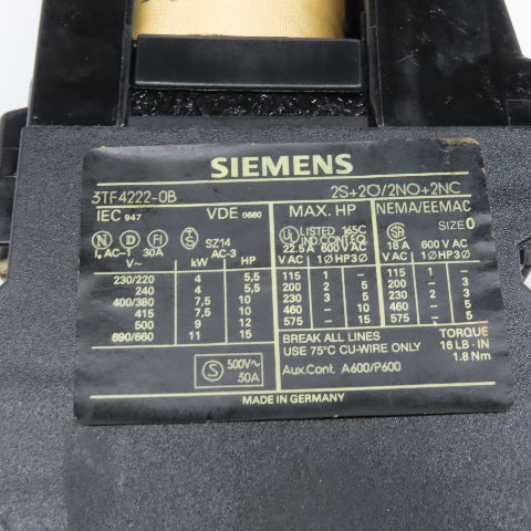 Siemens 3TF4222-0B Size 0 Contactor Starter Relay 600V 15Hp MAX 24VDC Coil
