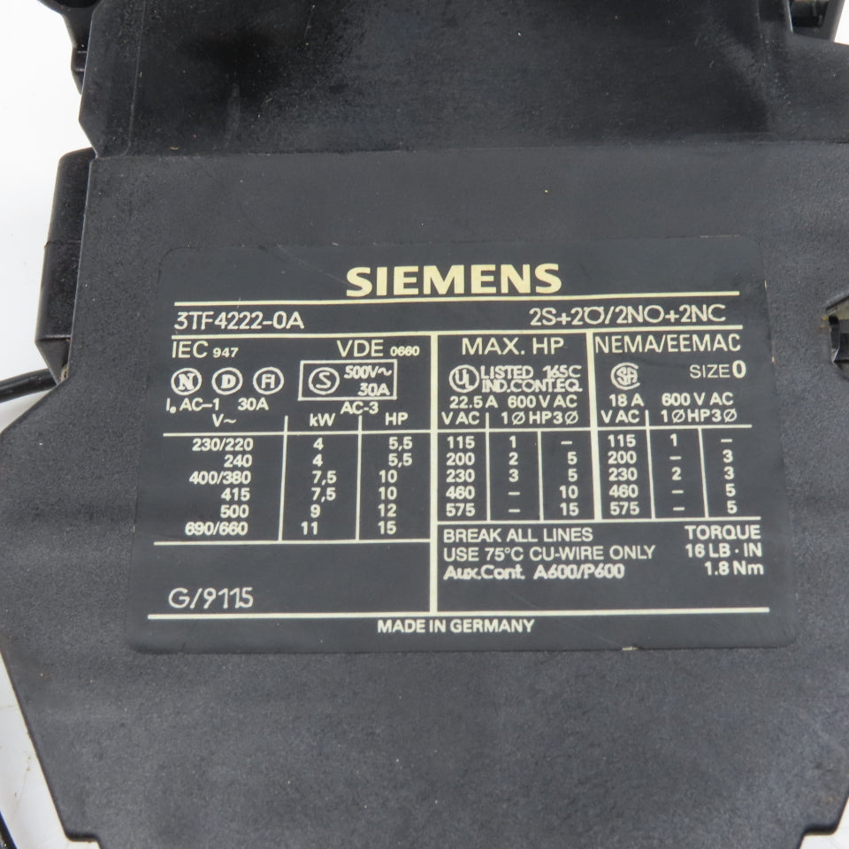 Siemens 3TF4222-0A Size 0 Contactor Starter Relay 600V 15Hp 110V Coil 2NO/2NC