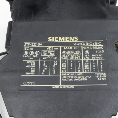 Siemens 3TF4222-0A Size 0 Contactor Starter Relay 600V 15Hp 110V Coil 2NO/2NC