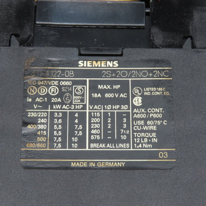 Siemens 3TF4122-0B Contactor Relay 600V 18A 2NO/2NC 10Hp MAX 24VDC Coil