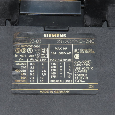 Siemens 3TF4122-0B Contactor Relay 600V 18A 2NO/2NC 10Hp MAX 24VDC Coil