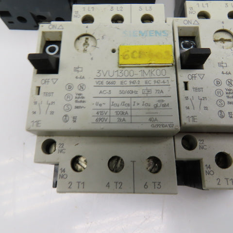 Siemens 3VU1300 600V 3 Pole 1NO+1NC Manual Starter Overload Trip Select Lot Of 6