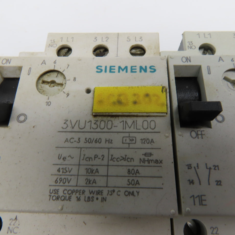 Siemens 3VU1300 600V 3 Pole 1NO+1NC Manual Starter Overload Trip Select Lot Of 6