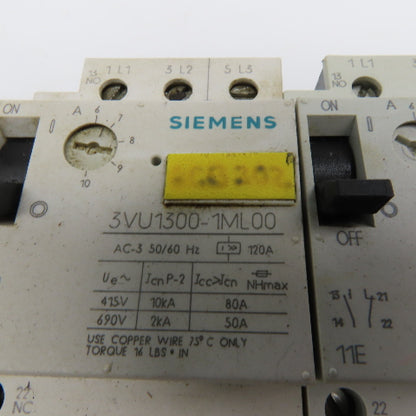 Siemens 3VU1300 600V 3 Pole 1NO+1NC Manual Starter Overload Trip Select Lot Of 6