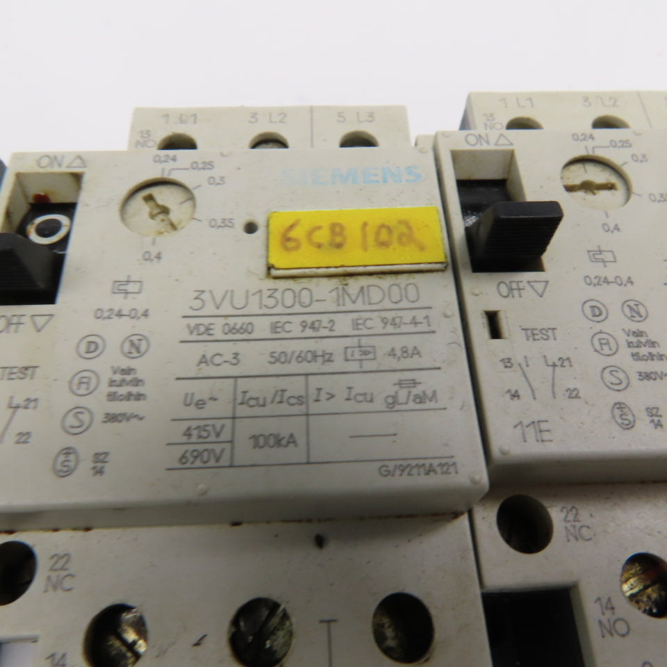 Siemens 3VU1300 600V 3 Pole 1NO+1NC Manual Starter Overload Trip Select Lot Of 6