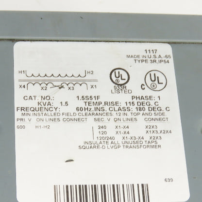 Square D 1.5S51F 1.5kVA Transformer Pri 600V Sec 120/240V 1PH Type 3R