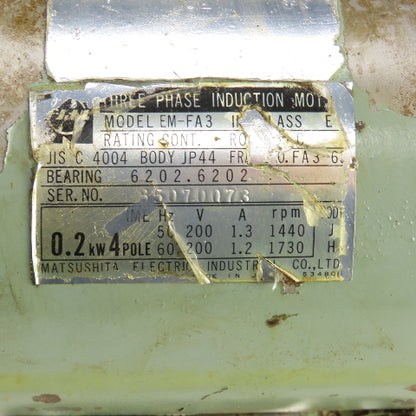 Matsushita EM-FA3 0.2kW Induction Motor 1440/1730RPM 200V 3PH Frame FA3-63