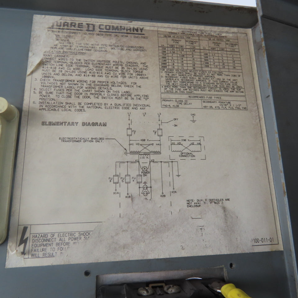 Square D SK750G1 Class 9070 230x460V Pri 115V Sec 750VA Transformer Disconnect
