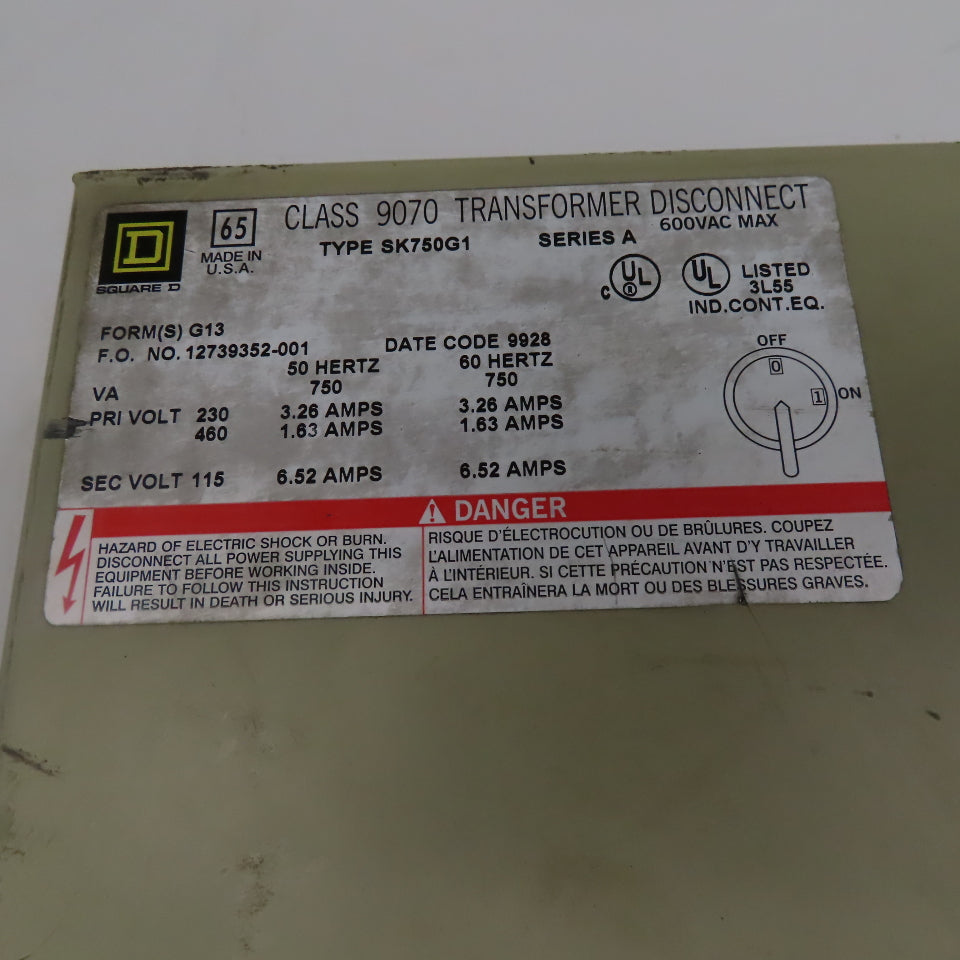 Square D SK750G1 Class 9070 230x460V Pri 115V Sec 750VA Transformer Disconnect