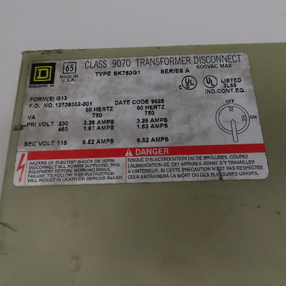 Square D SK750G1 Class 9070 230x460V Pri 115V Sec 750VA Transformer Disconnect