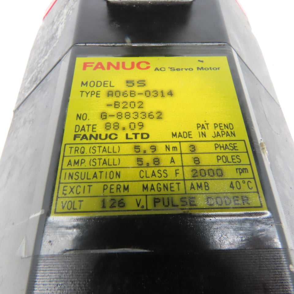 Fanuc A06B-0314-B202 2000 RPM 136V AC Servo Motor 8 Pole 3Ph W/ Brake Pulsecoder