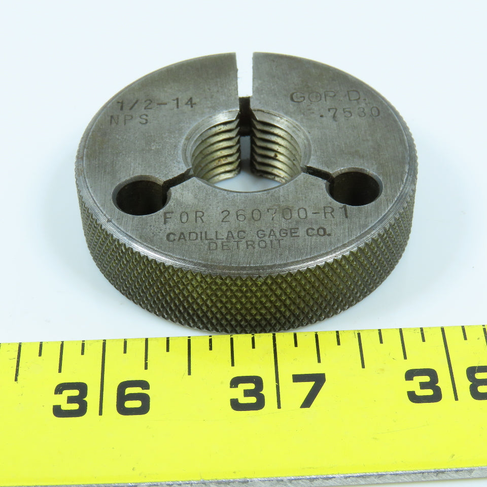 Cadillac Gage Co 1/2"-14 NPS Thread Ring Gage Go P.D. .7530