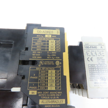 Allen Bradley 100-A09ND3 Contactor Overload 600V 2.8-4.2A Trip Range 120V Coil