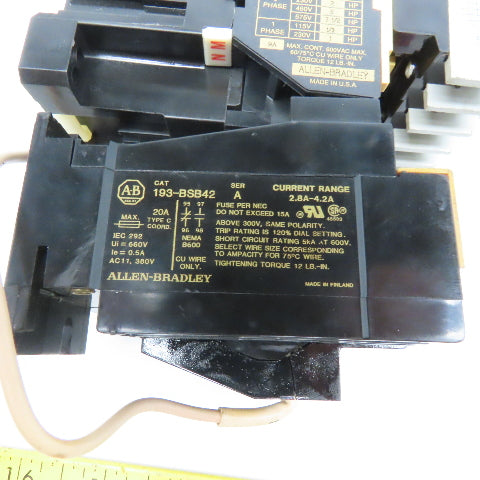 Allen Bradley 100-A09ND3 Contactor Overload 600V 2.8-4.2A Trip Range 120V Coil
