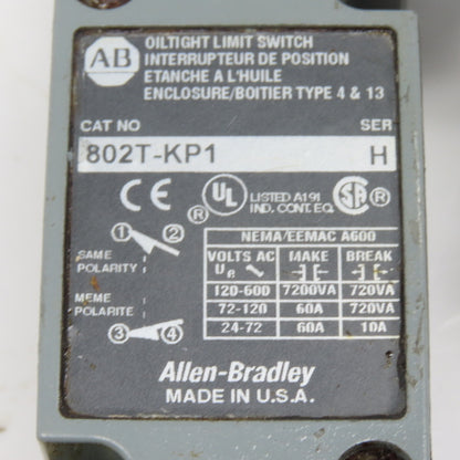 Allen Bradley 802T-KP1 Limit Switch Rocker Arm Maintained Position 600V
