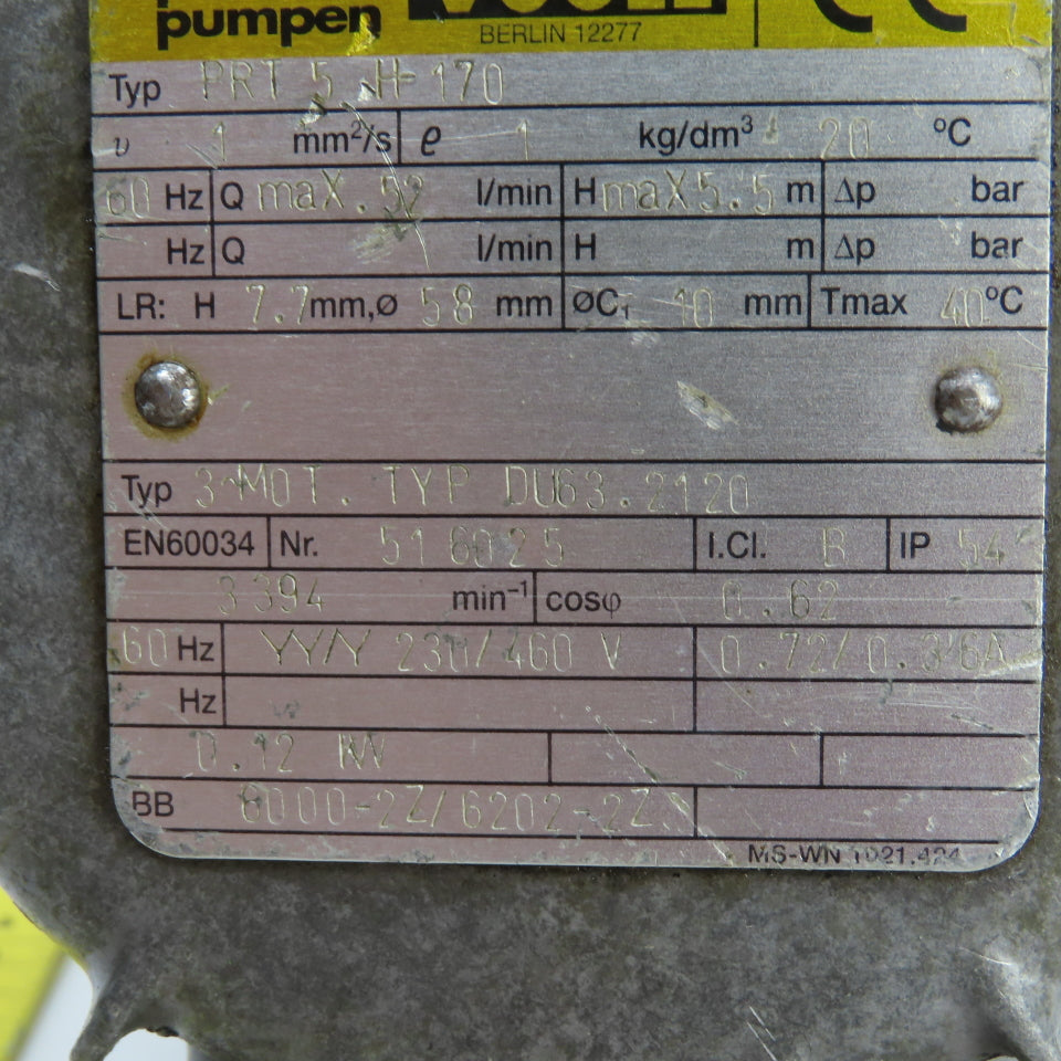 Vogel PRT5H-170 DU63.2120 0.12kW Vertical Coolant Pump 230/400V 0.72A 0.52 L/min