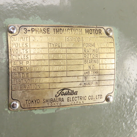 Toshiba JIS C 4201 AC Electric Motor 3.7kW 1700RPM 220/440V Frame VBKQ