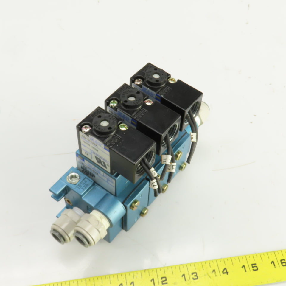 MAC 713C-11-PI-111CA /PID-111CAAA Pneumatic Solenoid 3 Valve Manifold Block 120V